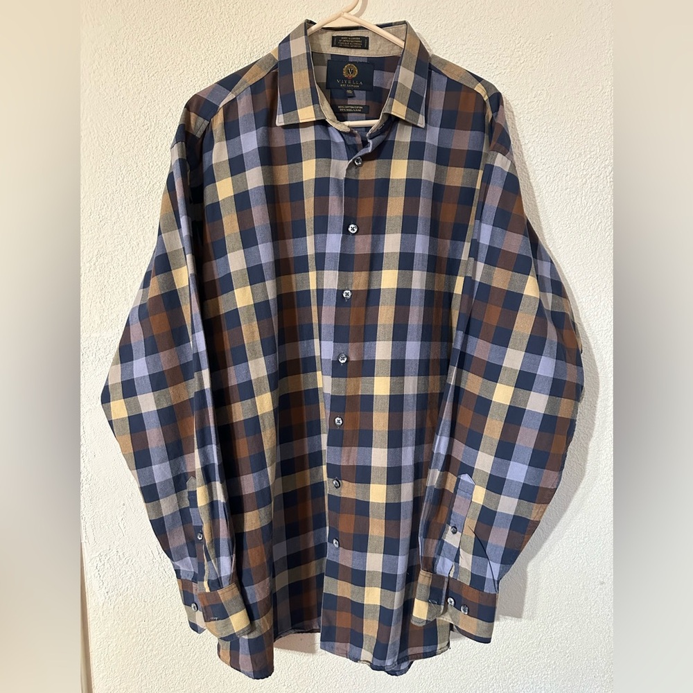Viyella Shirt Men Blue/Brown Plaid Cotton Wool Long Sleeve Made in Canada Sz XXL